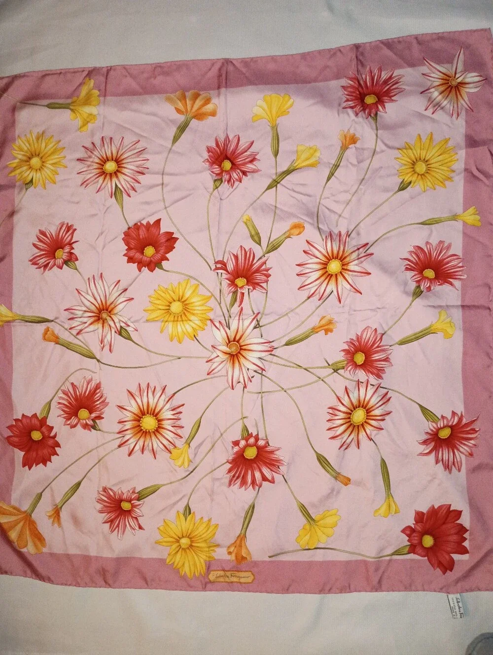 Vintage Salvatore Ferragamo Pink Floral Silk Square Scarf Made In Italy Women's